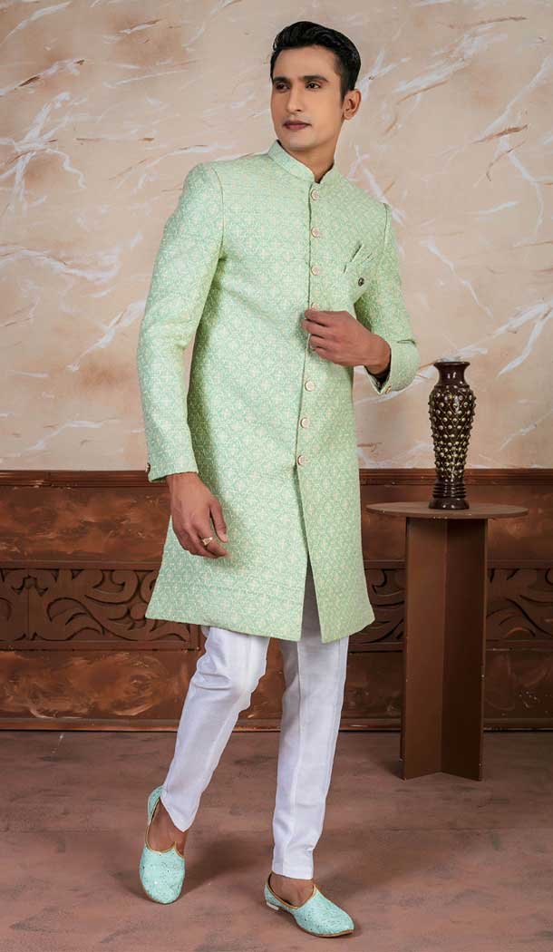 Sea Green Silk Embroidery Designer Readymade Mens Indo Western – 9279186519