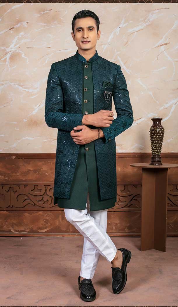 Green Jacquard Embroidery Designer Readymade Mens Indo Western – 9279186520