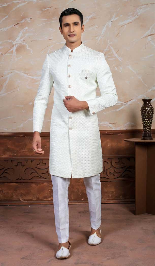 Cream Sequence Embroidery Designer Readymade Mens Indo Western – 9279186521