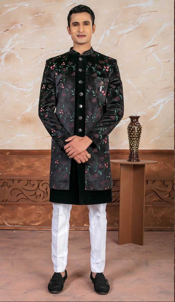 Black Velvet Embroidery Designer Readymade Mens Indo Western – 9279186523