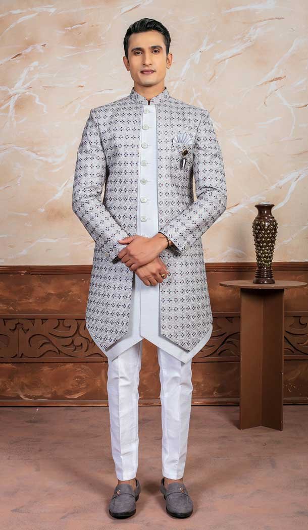 Gray Silk Embroidery Designer Readymade Mens Indo Western – 9279186524