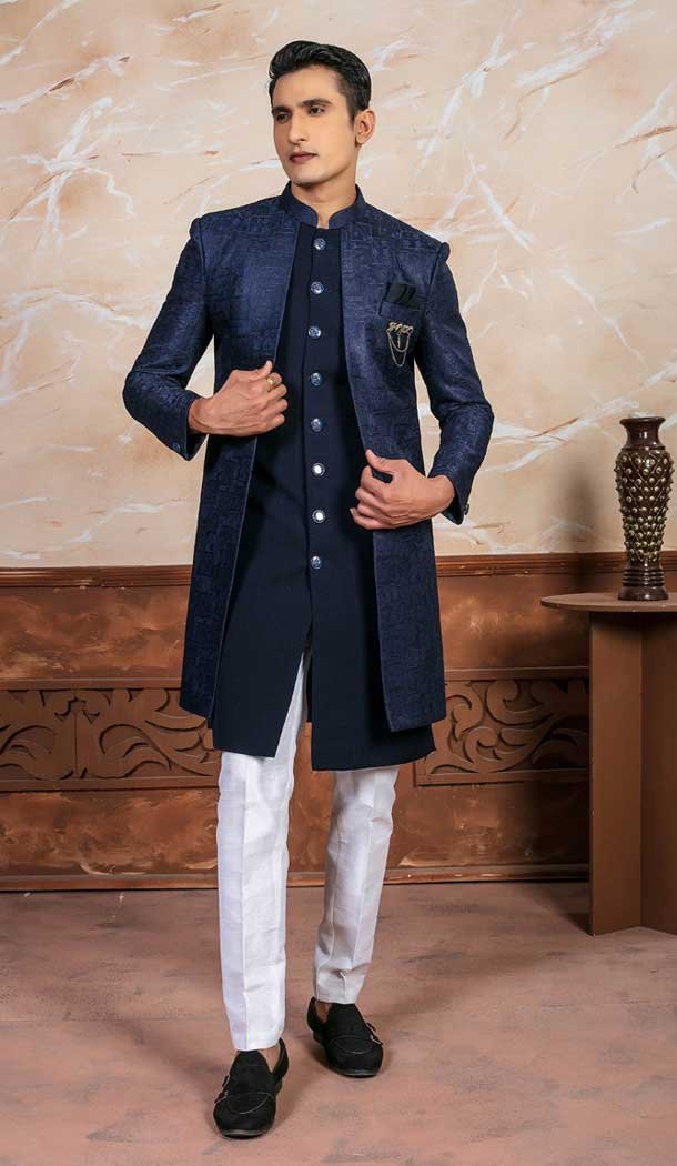 Blue Imported Embroidery Designer Readymade Mens Indo Western – 9279186527