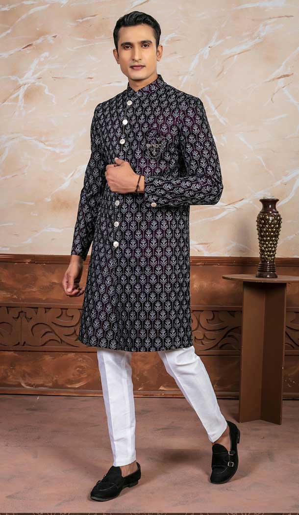 Wine Velvet Embroidery Designer Readymade Mens Indo Western – 9279186528