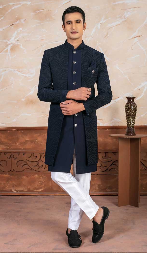 Imported Embroidery Designer Readymade Mens Indo Western In Blue – 9279186529