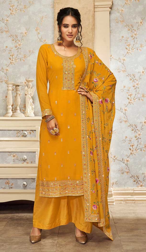 Mustard Georgette Embroidery Work Evening Wear Palazzo Salwar Suit – 9586188182