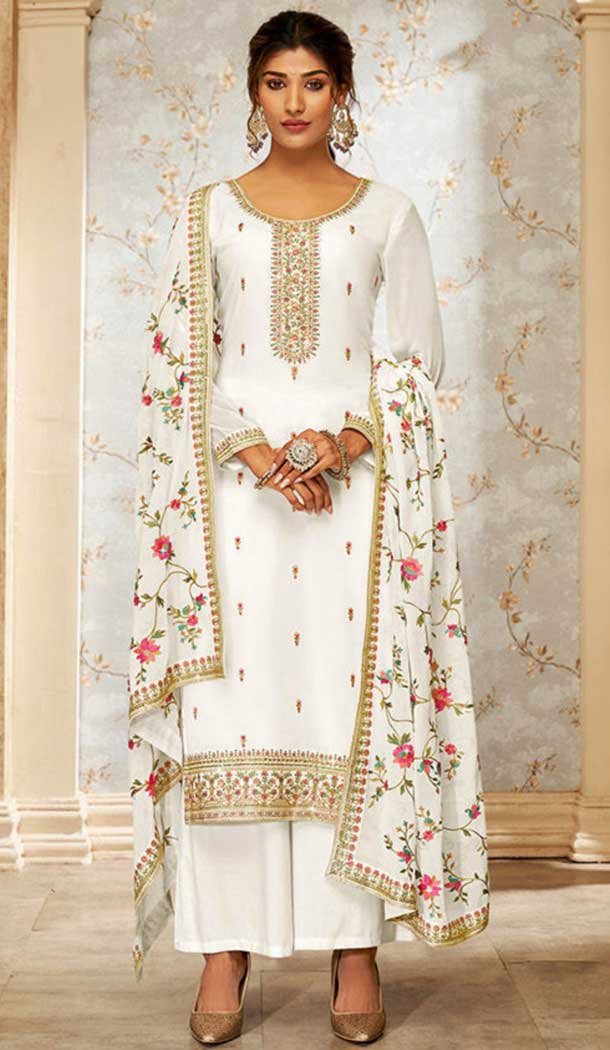 White Georgette Embroidery Work Evening Wear Palazzo Salwar Suit – 9586188183