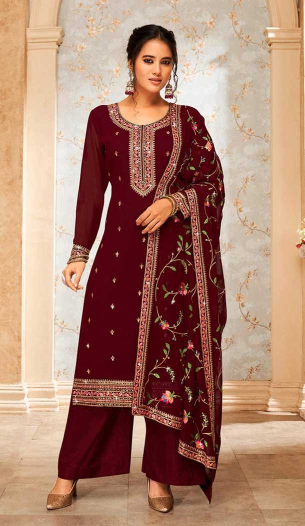 Maroon Georgette Embroidery Work Evening Wear Palazzo Salwar Suit – 9586188184