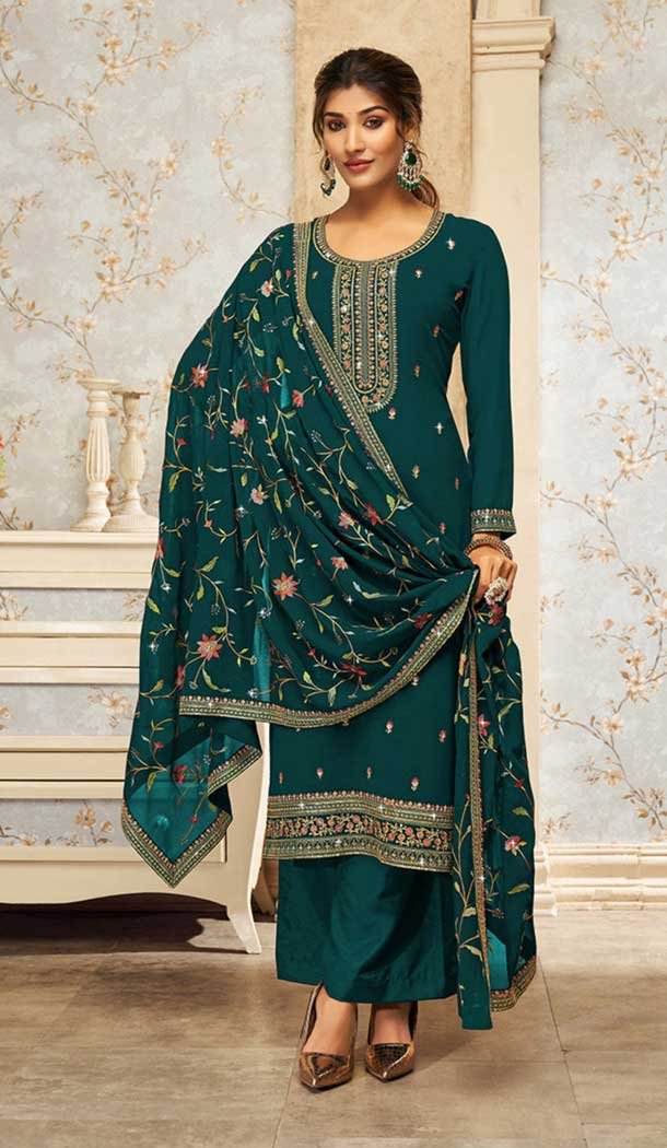 Teal Green Georgette Embroidery Work Evening Wear Palazzo Salwar Suit – 9586188185