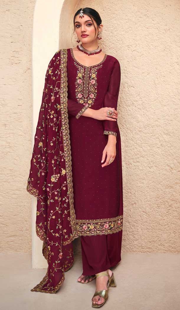 Georgette Embroidered Pakistani Style Palazzo Salwar Suit In Maroon – 9588188190