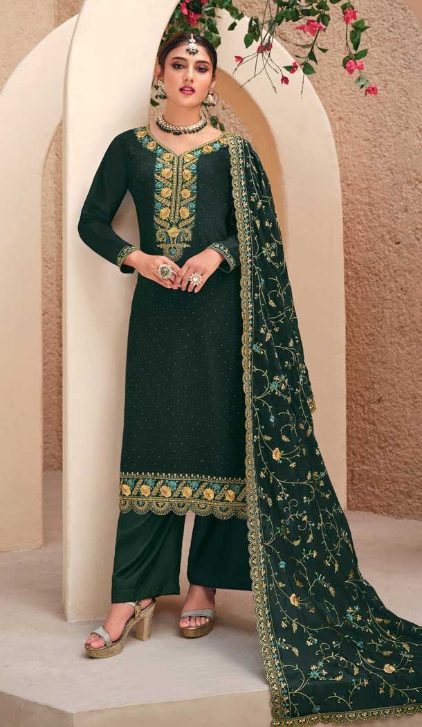 Georgette Embroidered Pakistani Style Palazzo Salwar Suit In Green – 9588188191