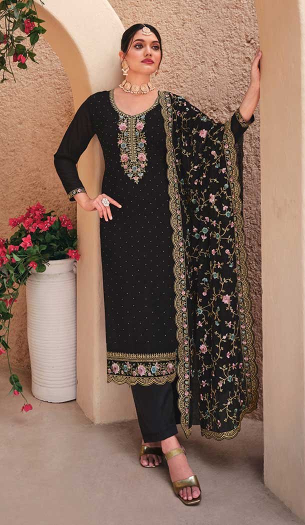 Georgette Embroidered Pakistani Style Palazzo Salwar Suit In Black – 9588188193