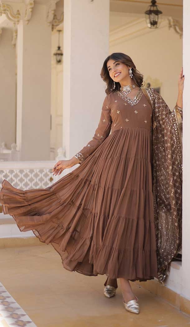 Coffee Faux Georgette Embroidered Party Wear Gown With Dupatta – 9601188267