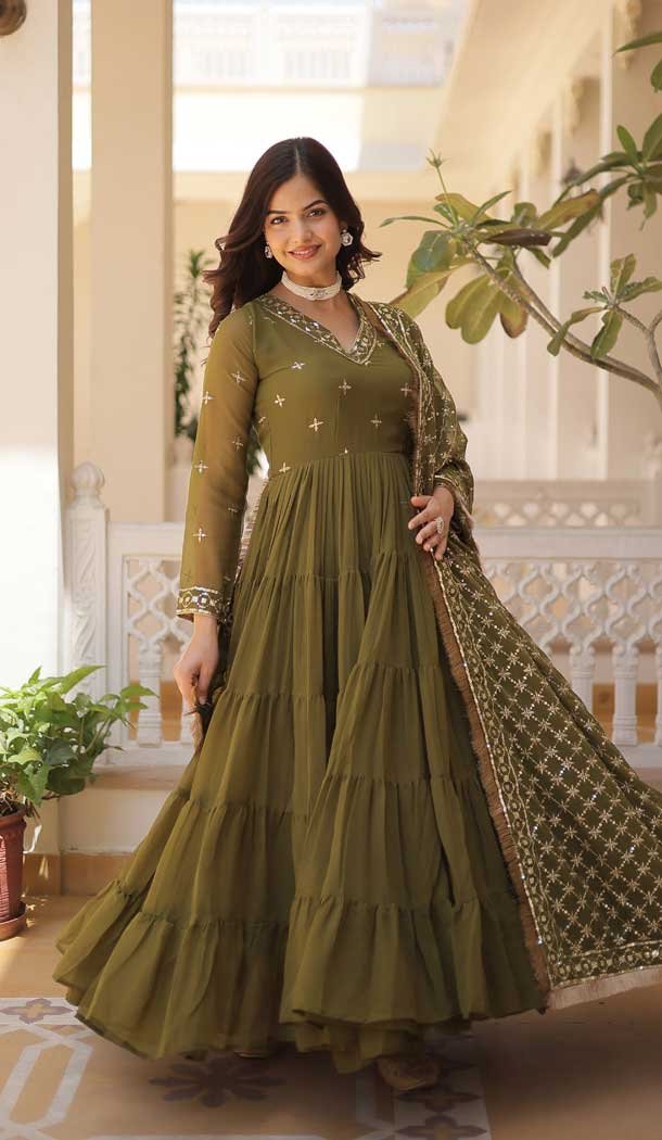 Mehendi Green Faux Georgette Embroidered Party Wear Gown With Dupatta – 9601188268