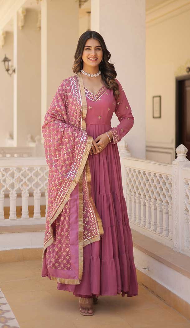 Onion Pink Faux Georgette Embroidered Party Wear Gown With Dupatta – 9601188269