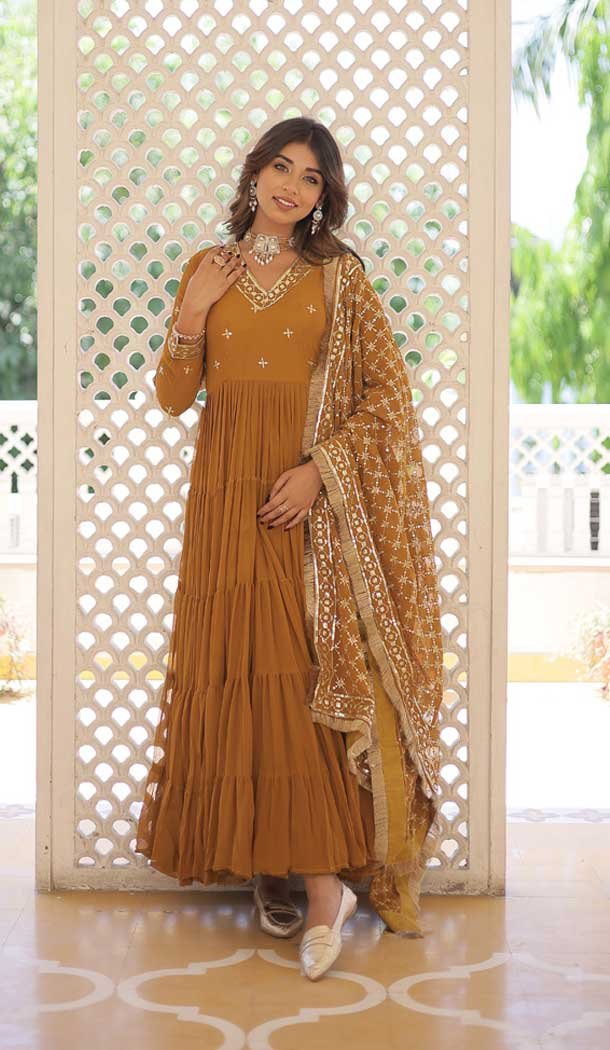 Mustard Faux Georgette Embroidered Party Wear Gown With Dupatta – 9601188270