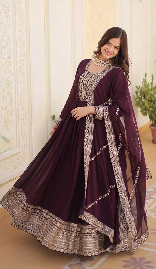 Georgette Sequins Work Function Wear Readymade Gown In Wine – 9602188273