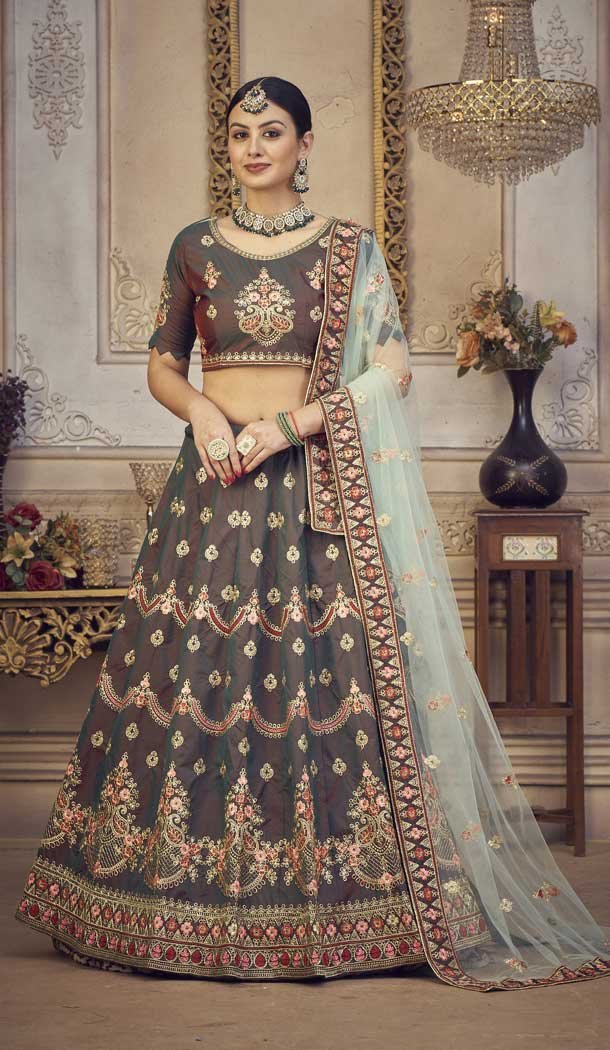 Taffeta Silk Embroidered Party Wear Lehenga Choli In Brown – 9606188306