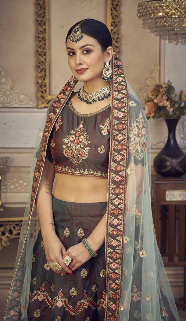 Taffeta Silk Embroidered Party Wear Lehenga Choli In Brown – 9606188306