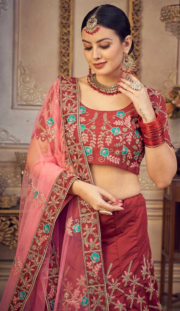 Taffeta Silk Embroidered Party Wear Lehenga Choli In Maroon – 9606188307