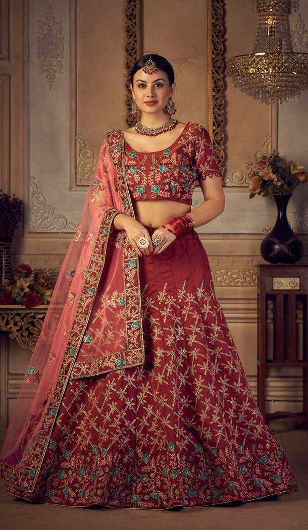 Taffeta Silk Embroidered Party Wear Lehenga Choli In Maroon – 9606188307