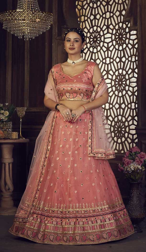 Net Embroidered Party Wear Lehenga Choli In Peach – 9606188308