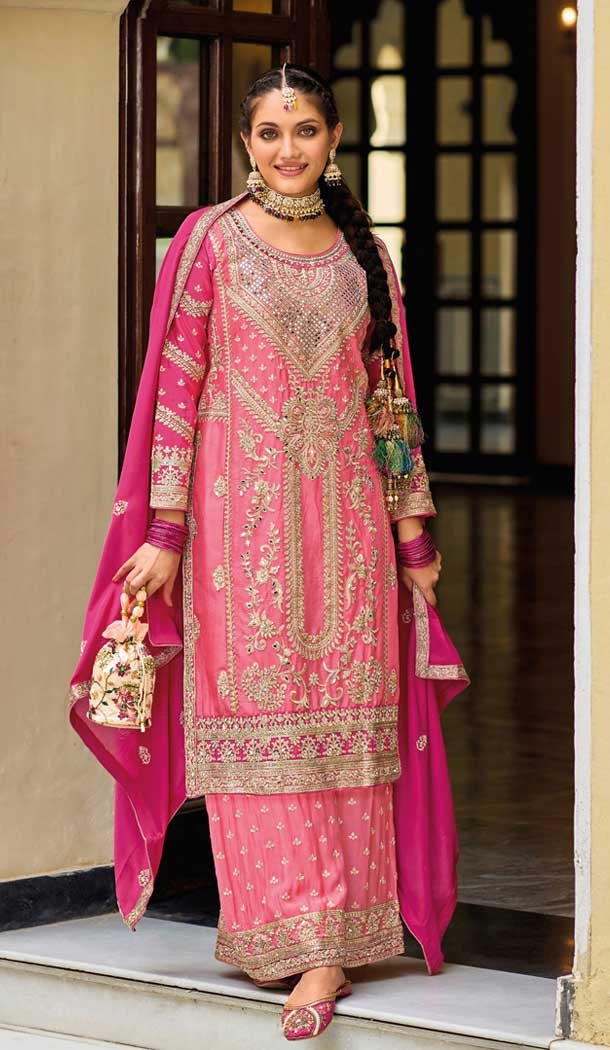 Pink Chinnon Embroidered Party Wear Readymade Palazzo Salwar Suit – 9612188331