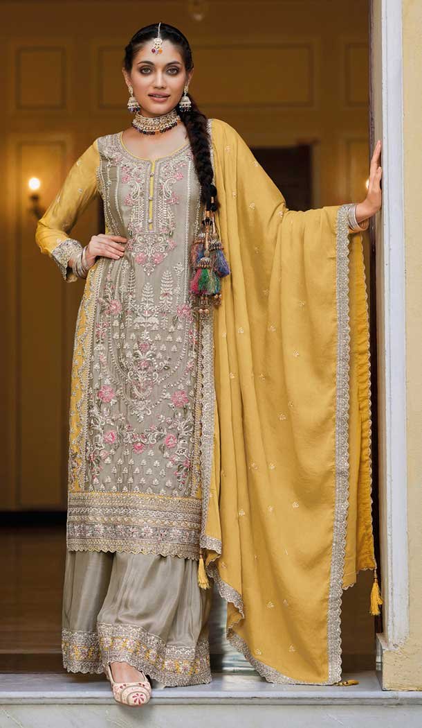 Grey Chinnon Embroidered Party Wear Readymade Palazzo Salwar Suit – 9612188332