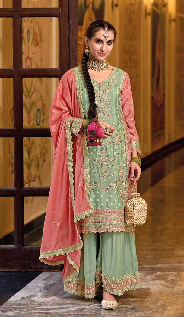 Pista Green Chinnon Embroidered Party Wear Readymade Palazzo Salwar Suit – 9612188333