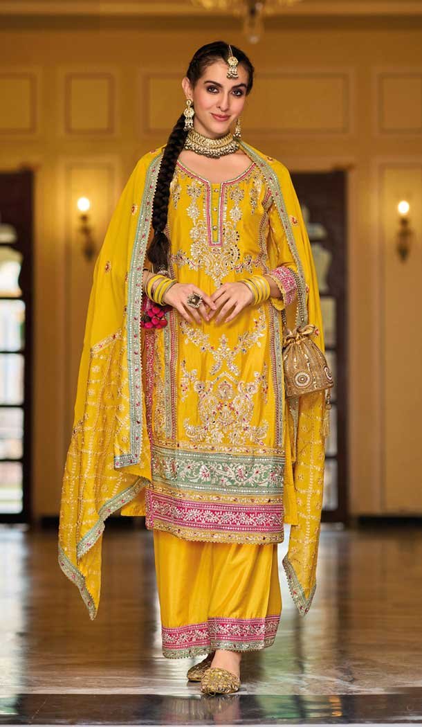 Yellow Chinnon Embroidered Party Wear Readymade Palazzo Salwar Suit – 9612188334