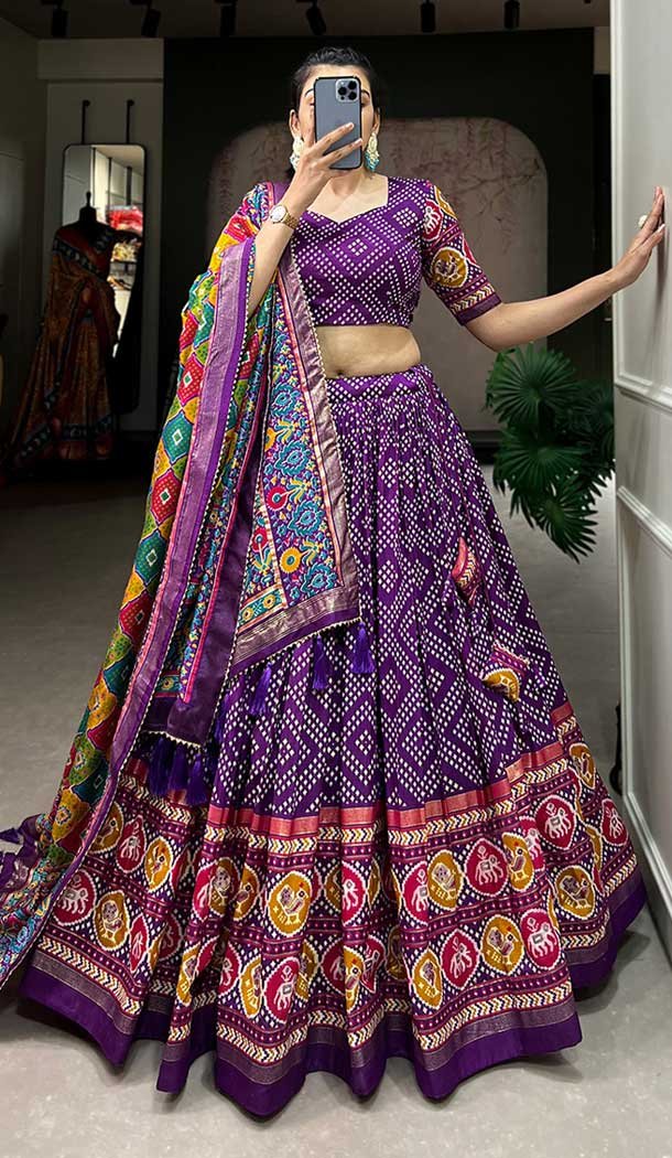 Purple Tussar Silk Foil Printed Work Navratri Wear Chaniya Choli – 9667188693