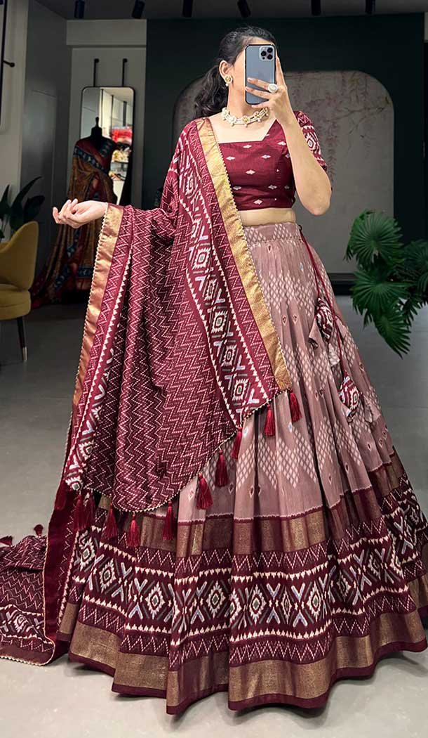 Tussar Silk Foil Printed Work Navratri Wear Chaniya Choli In Maroon – 9668188695