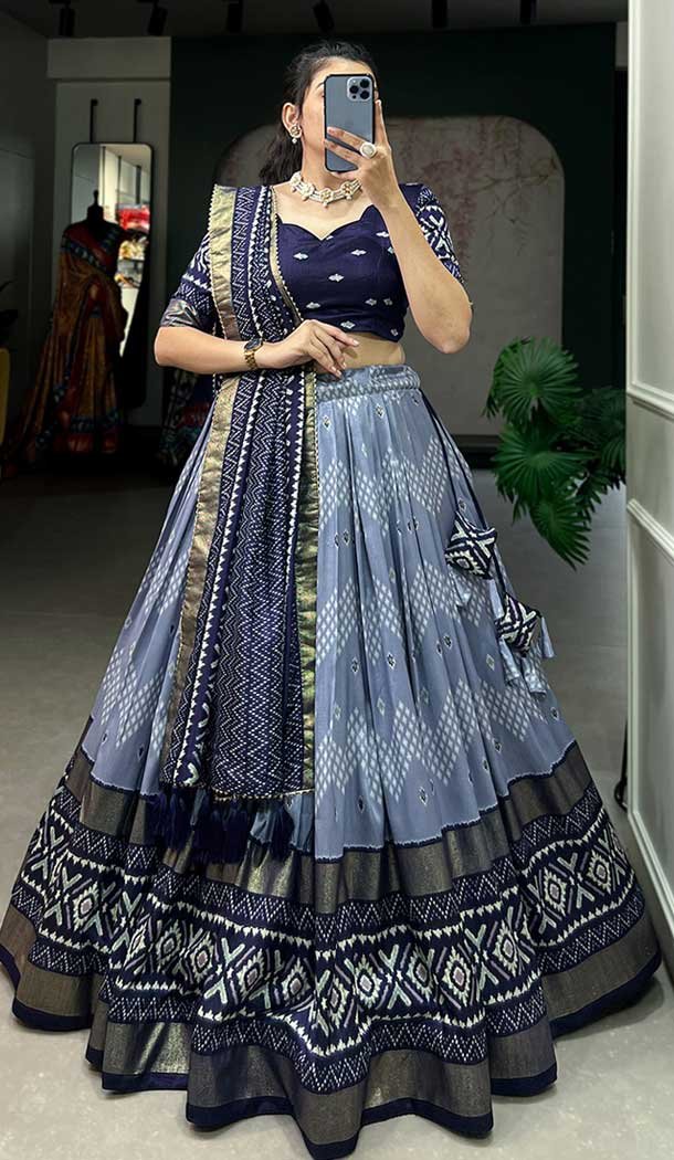 Tussar Silk Foil Printed Work Navratri Wear Chaniya Choli In Navy Blue – 9668188696