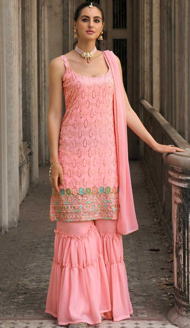 Pink Faux Georgette Embroidered Party Wear Designer Sharara Suit – 143147961