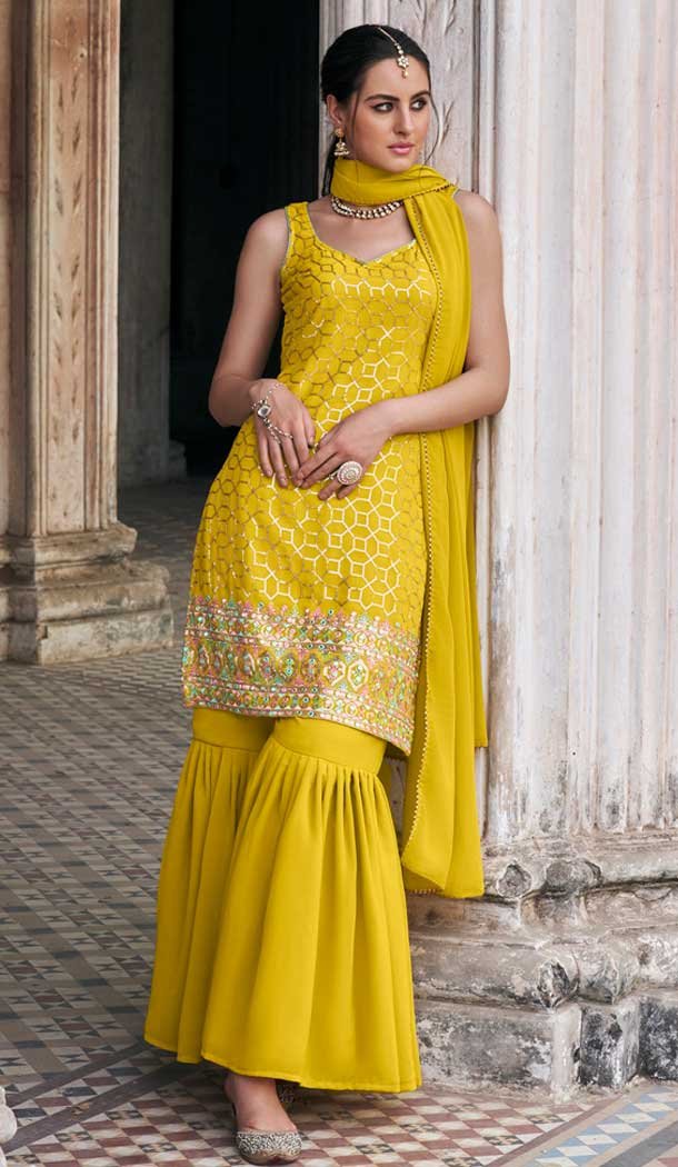 Mustard Faux Georgette Embroidered Party Wear Designer Sharara Suit – 143147962