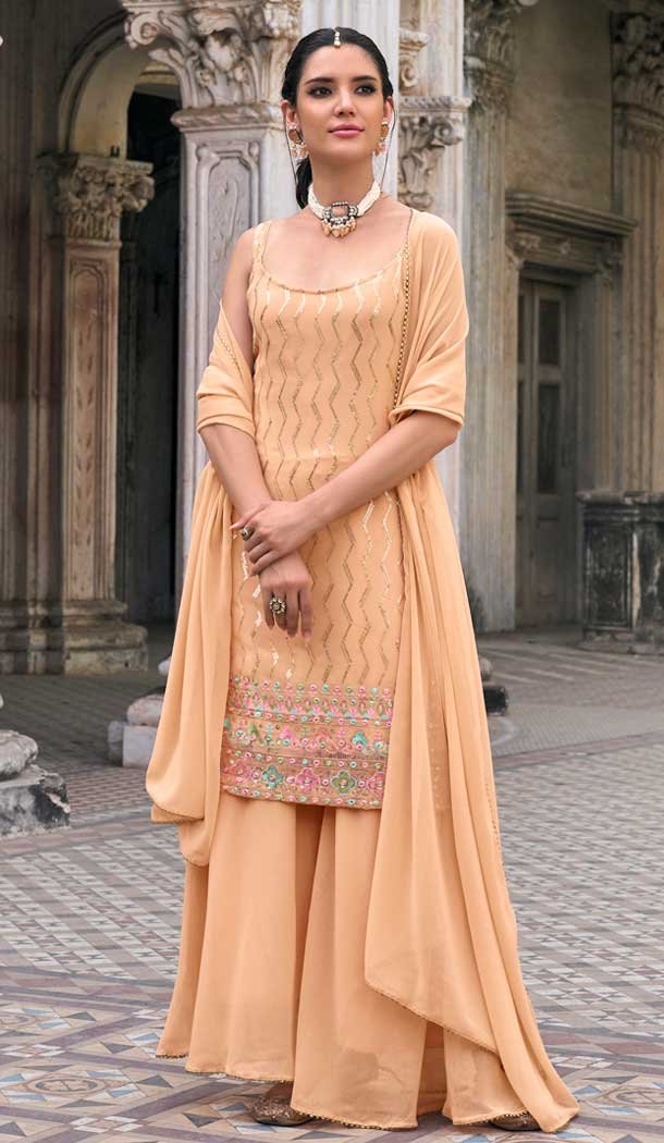 Peach Faux Georgette Embroidered Party Wear Designer Sharara Suit – 143147963