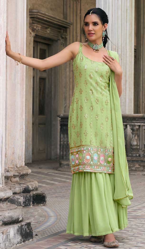 Pista Green Faux Georgette Embroidered Party Wear Designer Sharara Suit – 143147964