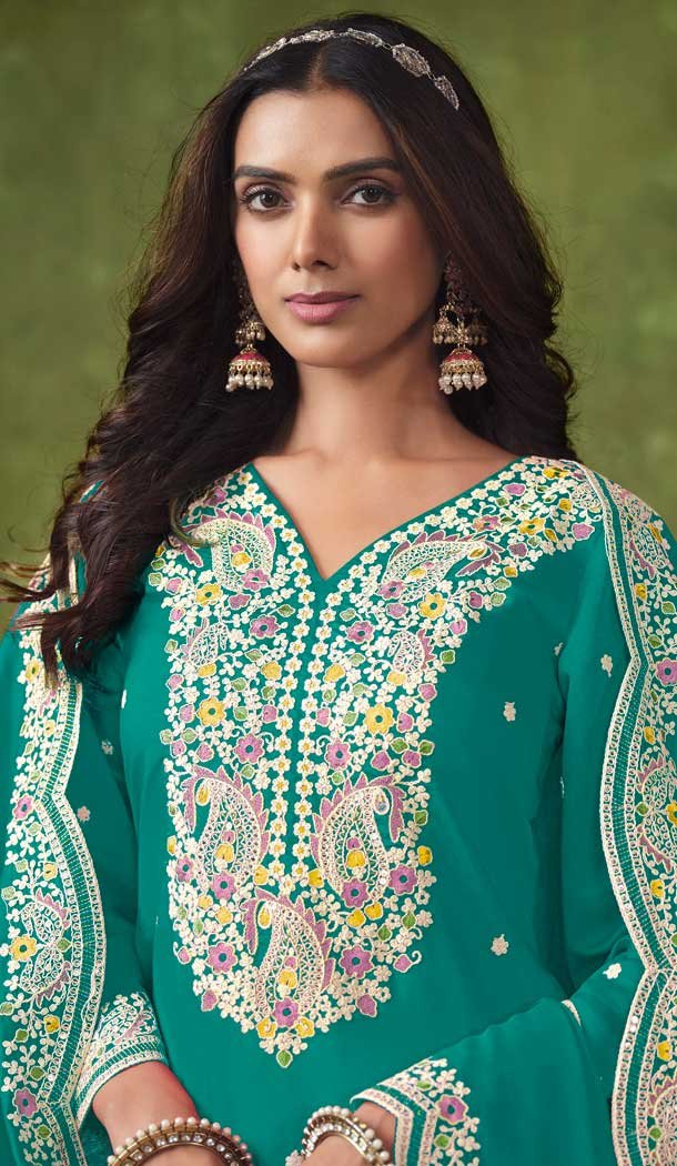 Green Chanderi Embroidered Designer Wear Patiala Salwar Suit – 143898417