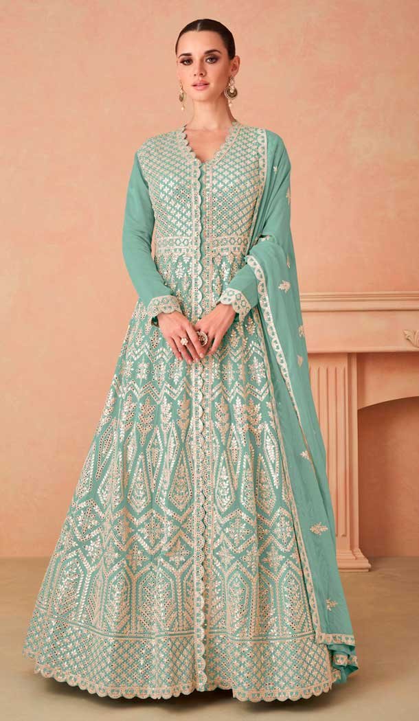 Pista Green Georgette Embroidered Anarkali Style Designer Salwar Suit – 143908419