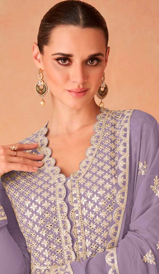 Violet Georgette Embroidered Anarkali Style Designer Salwar Suit – 143908422