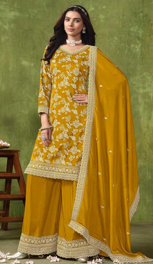 Yellow Dola Silk Embroidered Party Wear Palazzo Salwar Suit – 144218613