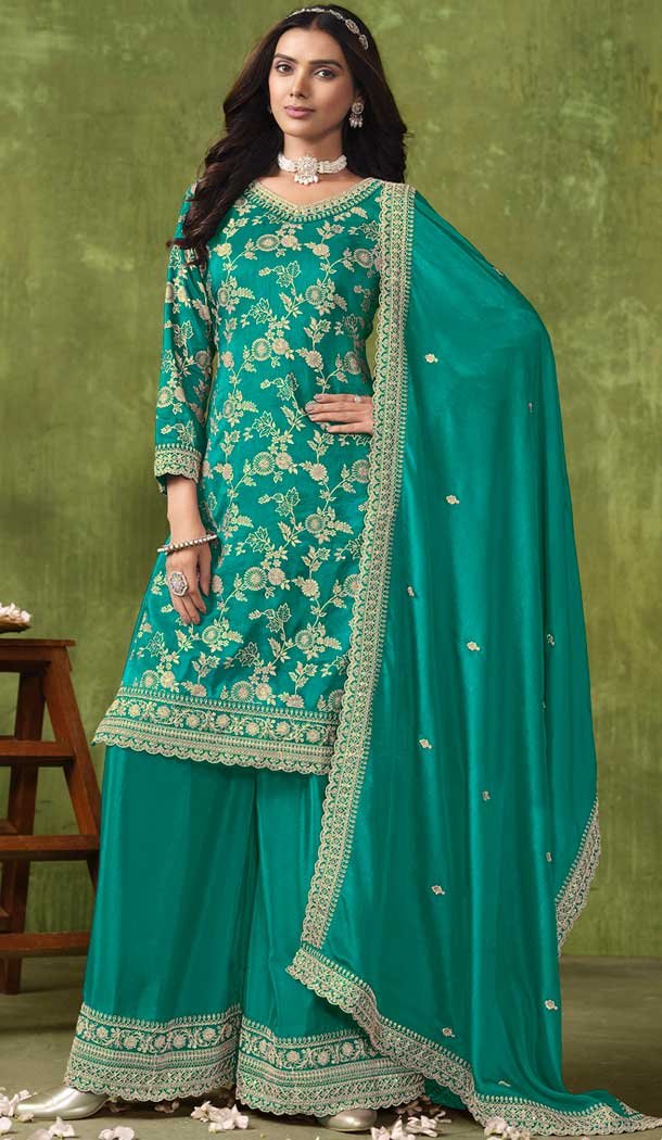 Rama Green Dola Silk Embroidered Party Wear Palazzo Salwar Suit – 144218615