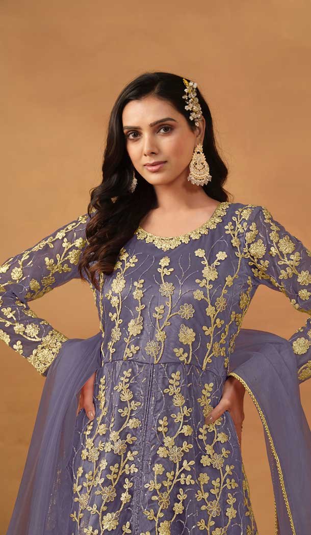 Violet Net Embroidery Work Anarkali Style Designer Salwar Suit – 144438759