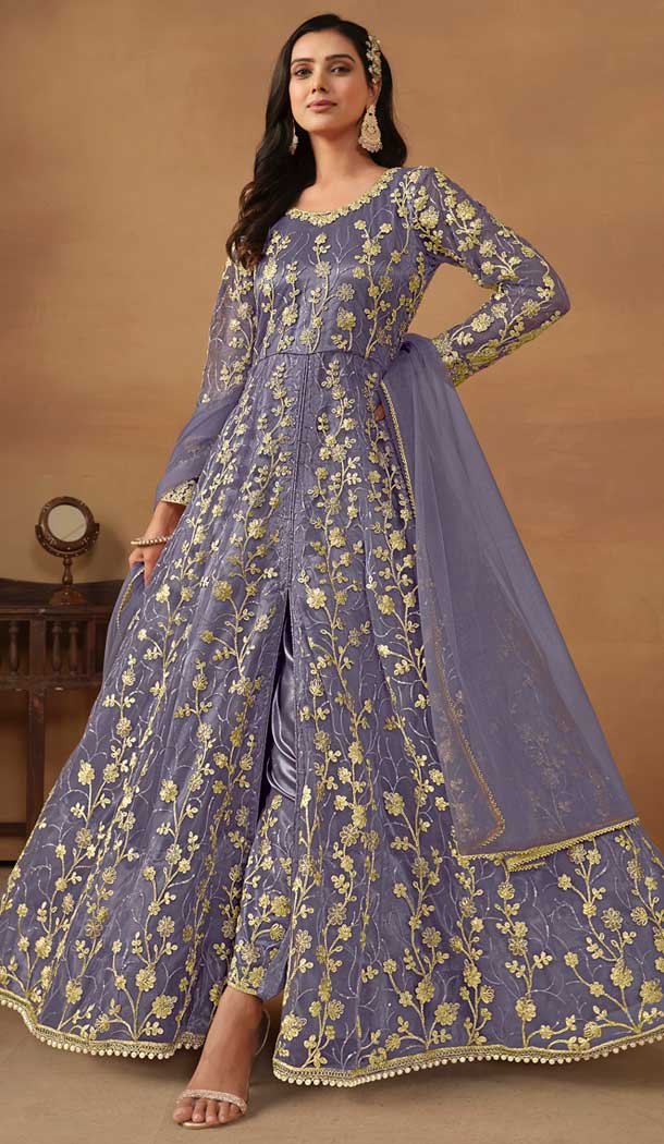 Violet Net Embroidery Work Anarkali Style Designer Salwar Suit – 144438759