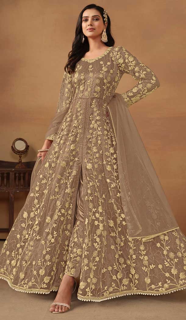 Brown Net Embroidery Work Anarkali Style Designer Salwar Suit – 144438760