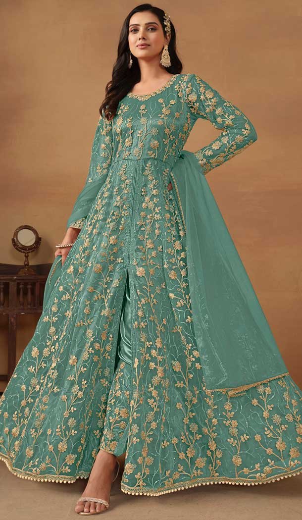 Green Net Embroidery Work Anarkali Style Designer Salwar Suit – 144438761