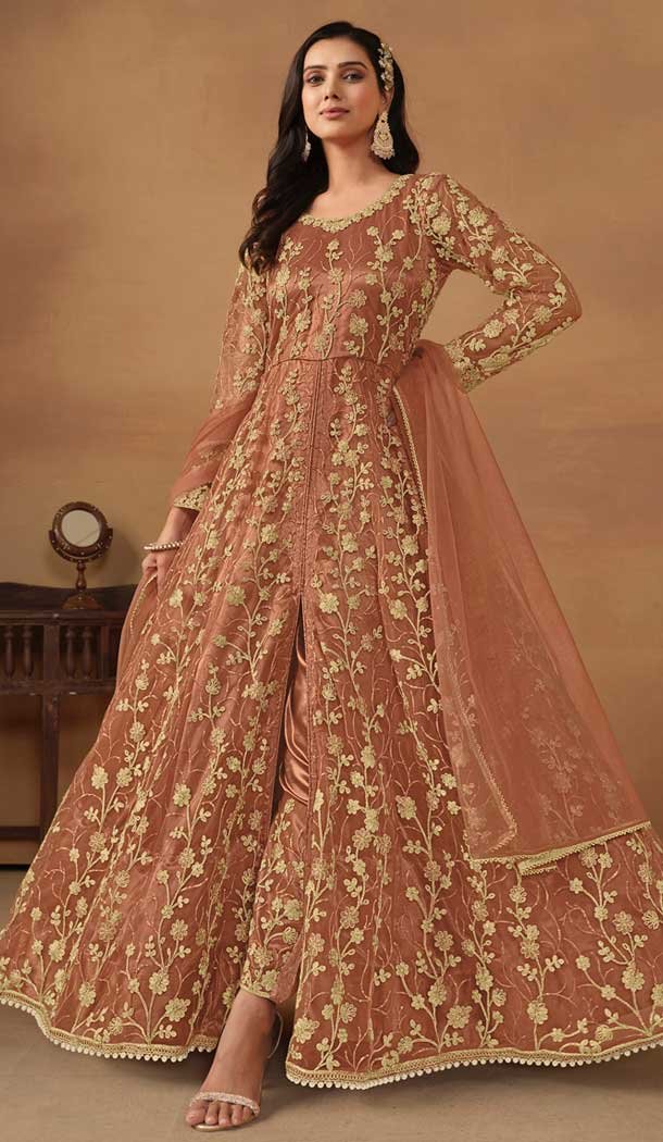 Rust Net Embroidery Work Anarkali Style Designer Salwar Suit – 144438762