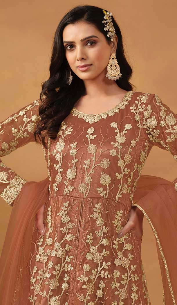 Rust Net Embroidery Work Anarkali Style Designer Salwar Suit – 144438762