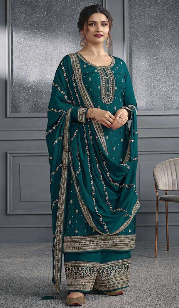 Teal Green Dola Silk Embroidered Prachi Desai Palazzo Suit – 144939095