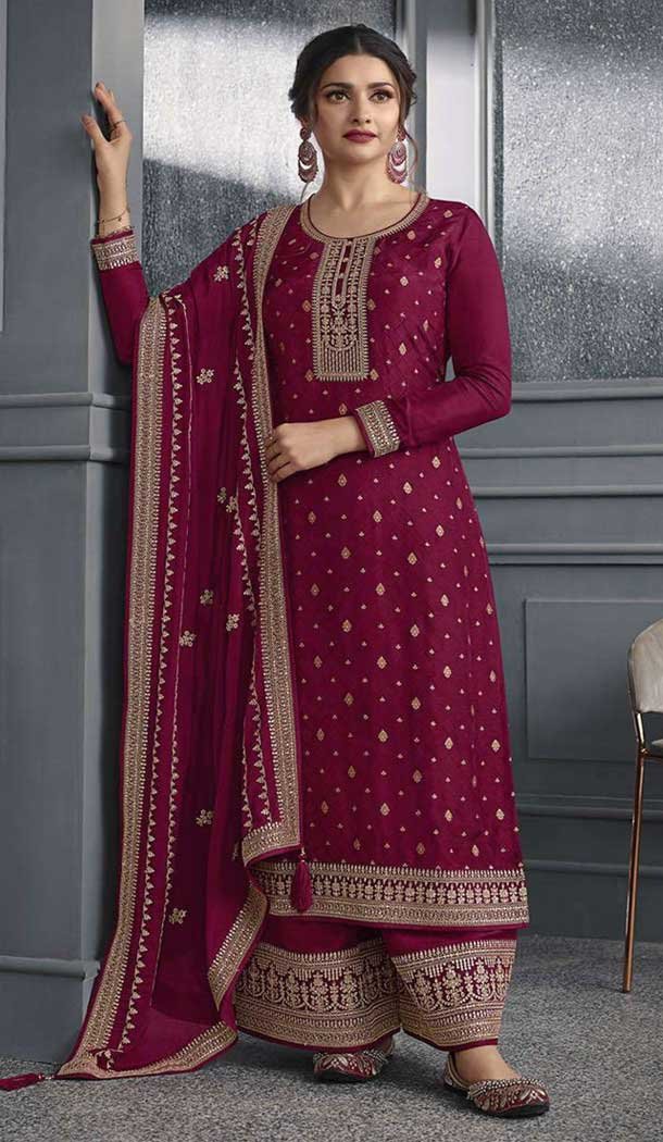 Wine Dola Silk Embroidered Prachi Desai Palazzo Suit – 144939096