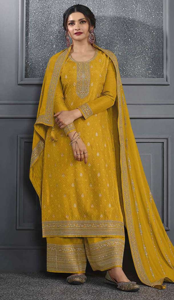 Yellow Dola Silk Embroidered Prachi Desai Palazzo Suit – 144939097